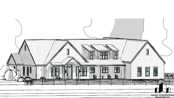Architectural rendering of a two-story southern farmhouse with a metal roof, covered porch, and symmetrical window layout by Whole Construction Solutions LLC.